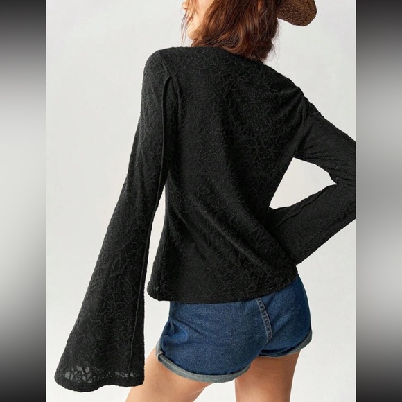 Boho brown lace patchwork bell sleeve top - Picture 7 of 16